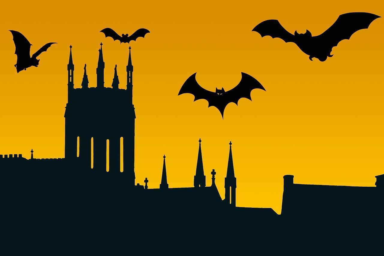 Halloween image with building and bats